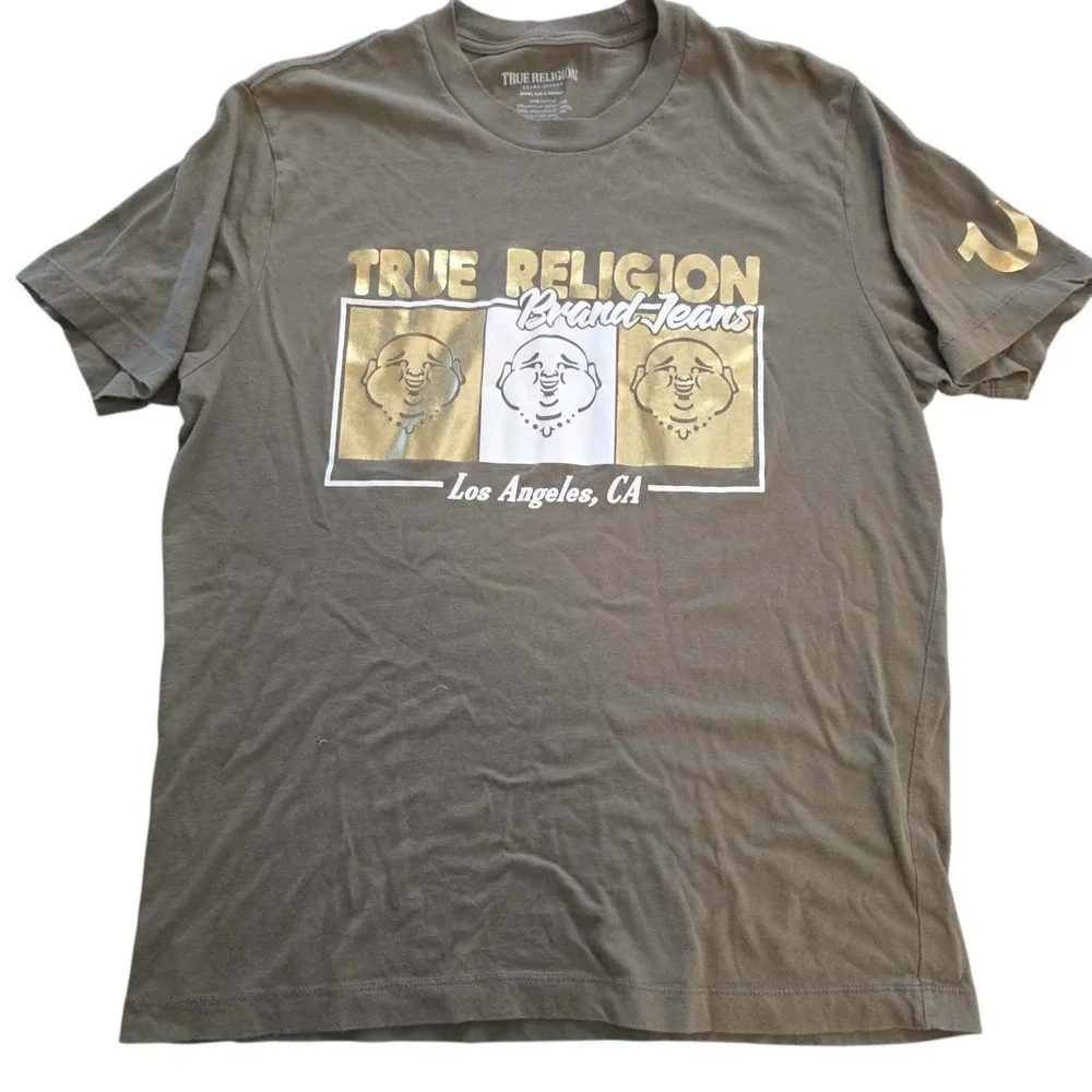True Religion Tri Buddha Box Logo T-Shirt Shiny Metallic Olive Green Medium